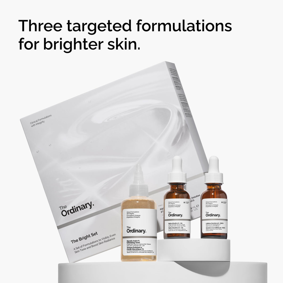 The Ordinary The Bright Set, 3-Step Regimen for Radiant, Even Skin Tone with Glycolic Acid 7% Exfoliating Toner, Alpha Arbutin 2% + HA, and Caffeine Solution 5% + EGCG - Skin Care Set