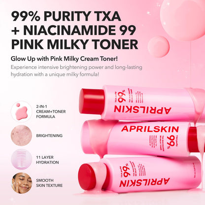 APRILSKIN TXA+Niacinamide 99 Pink Milky Toner - 99% High-Purity TXA 3%+ Niacinamide 5% for Brightening - Highly Concentrated Cream Toner - Deep Moisturizing Formula for Dull Skin - 5.07 fl.oz.