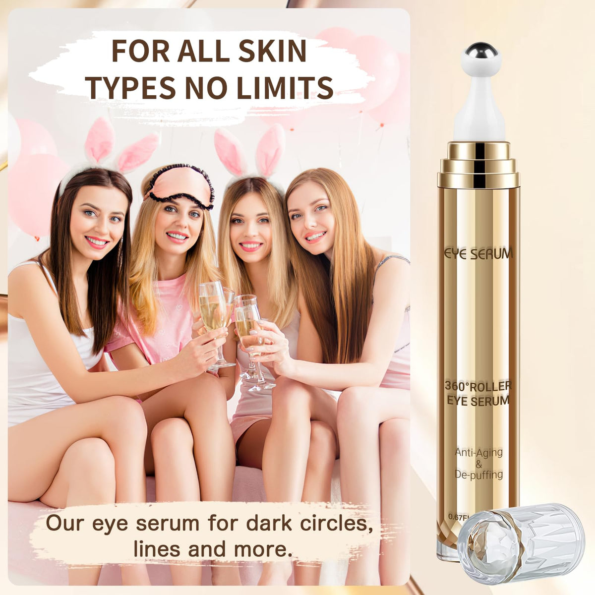 5% Caffeine Eye Serum with 360° Cooling Massage Ball (0.67 fl oz) - Rapid Treatment for Dark Circles, Puffiness & Eye Bags - Hyaluronic Acid Anti-Aging Serum for Men & Women