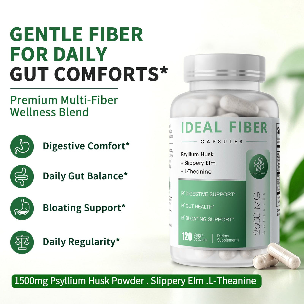 Fiber Supplement - Psyllium Husk Powder Capsules 1500mg & Slippery Elm- Regularity, Effortless Bowel Movements - Gentle Daily Fiber for Digestive & Gut Health -Natural Prebiotic Fiber,Non-GMO-120 Caps