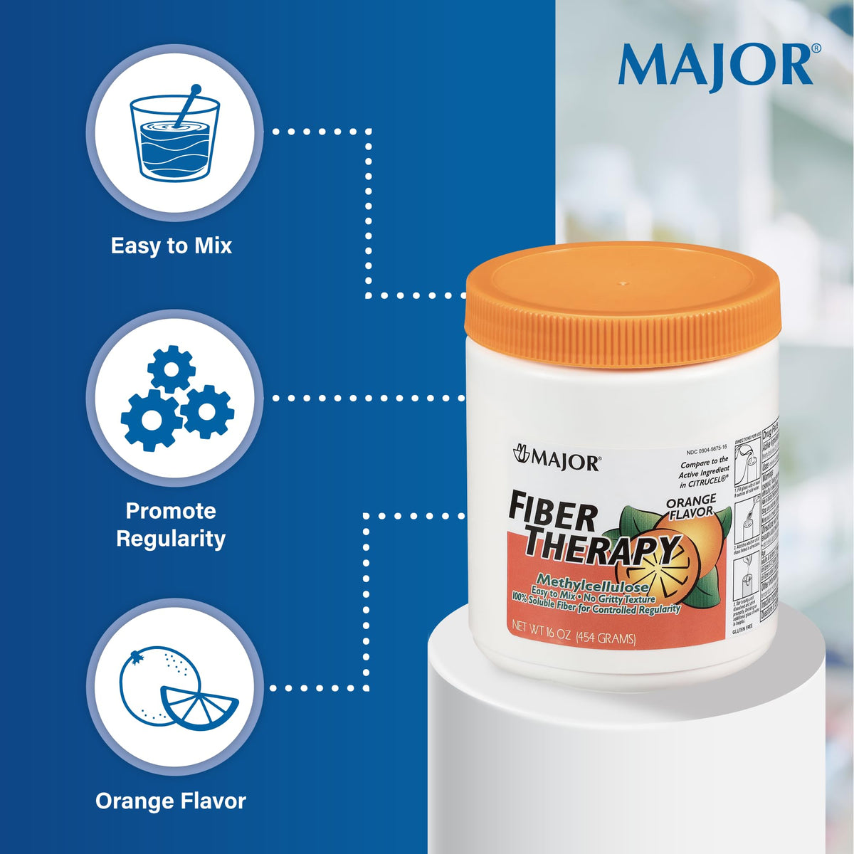 MAJOR Fiber Therapy Methylcellulose Powder - Easy to Mix - No Gritty Texture - Soluble Fiber - Helps Control Regularity - Orange Flavor - 16 Oz (1 Pack)