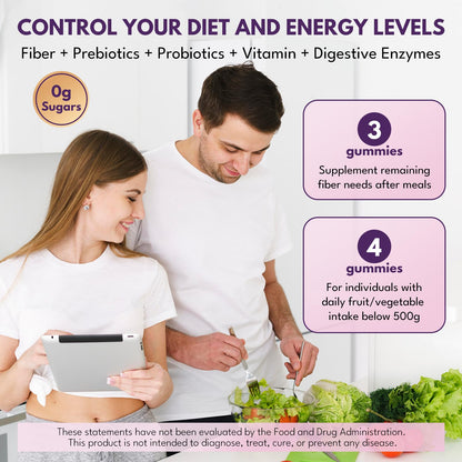 Fiber Gummies for Adults - Sugar Free Fiber Supplement 7g All in 1, Probiotic 60 Billion CFU & Prebiotic with Digestive Enzymes, Inulin, Psyllium, Vitamin, Support for Gut & Digestive Health, 90 Ct
