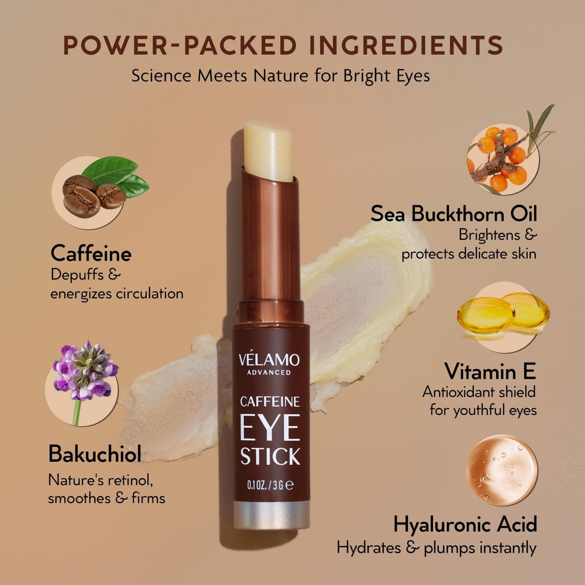 VELAMO Advanced Caffeine Eye Stick - Energizing & Hydrating Under Eye Balm for Dark Circles & Puffiness - Portable Travel Eye Treatment (0.1 oz / 3g)