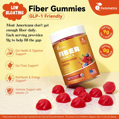 10-in-1 Prebiotic Fiber Gummies for Digestive Health & Regularity - GLP-1 Friendly - No Sugar Added Mixed Berry Flavor with Greens - Daily Supplement for Adults - 60 Count