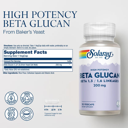 SOLARAY Beta Glucan Supplements - Immune Support - Heart and Digestive Support with Beta Glucan Fiber from Baker's Yeast - High Potency, 60-Day Guarantee - 30 Servings, 30 VegCaps