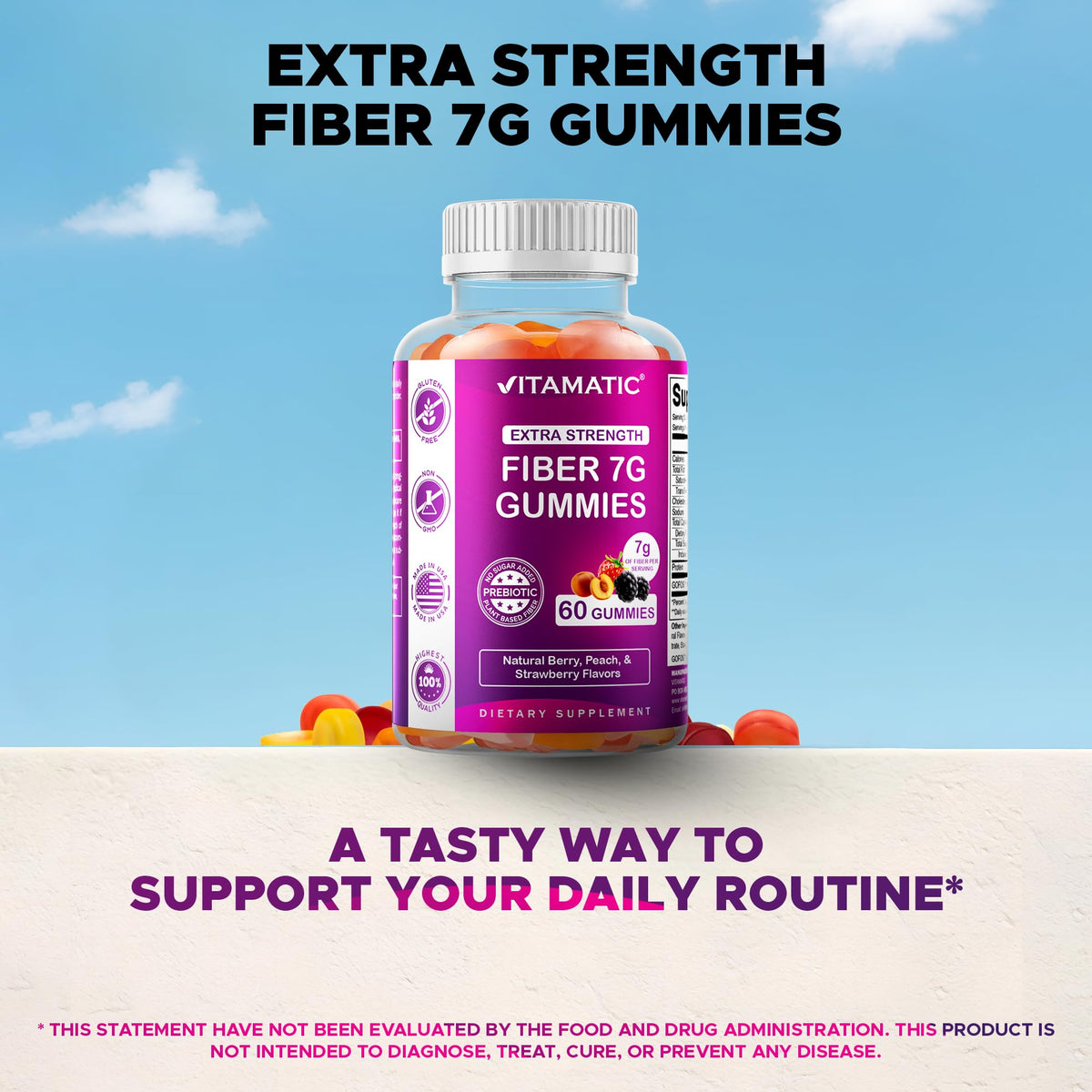 Vitamatic Prebiotic Fiber Gummies for Adults - 2 Pack (Total 120 Gummies) 7g Fiber per Serving - Extra Strength - Zero Sugar Added - Pectin-Based - Digestive Health & Regularity Support