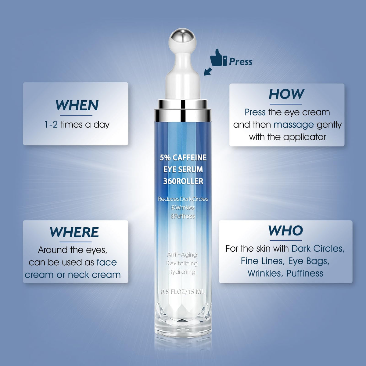 Caffeine & Retinol Eye Cream with 360° Massage Roller (15ml)
