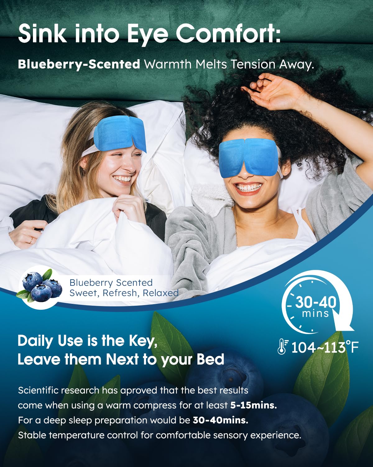 20-Pack Blueberry Steam Eye Masks - Sweet Antioxidant Warm Compress for Dry Eyes, Fatigue & Puffiness - Disposable Heated Sleep Mask - Spa Relaxation Gift
