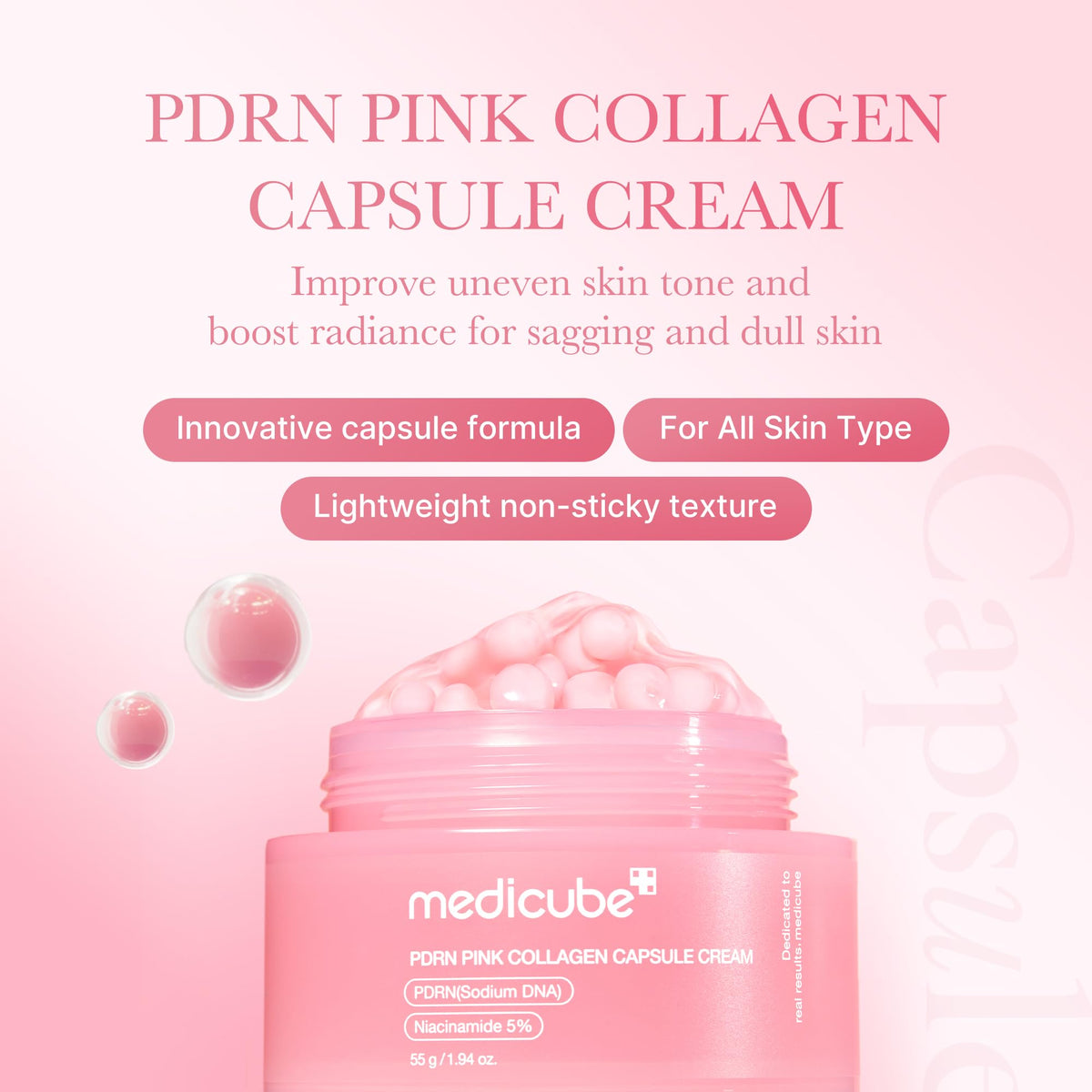 medicube Capsule Cream with Salmon DNA PDRN Pink Collagen - Lightweight Moisturizing Cream with PDRN, Niacinamide for Uneven Skin Tone and Texture, Glow hydration - Korean Skincare, 1.94 oz