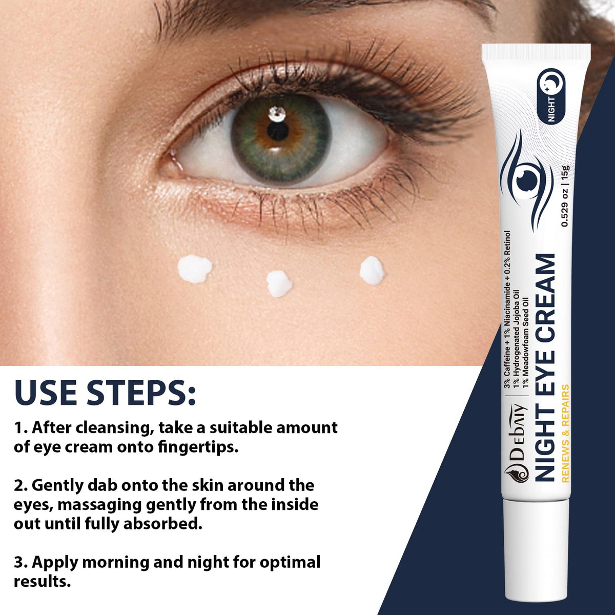 DEBAIY 3% Caffeine Eye Cream for Dark Circles & Puffiness - Anti-Aging Under Eye Treatment for Bags, Night Repair Eye Cream (3 Pack)