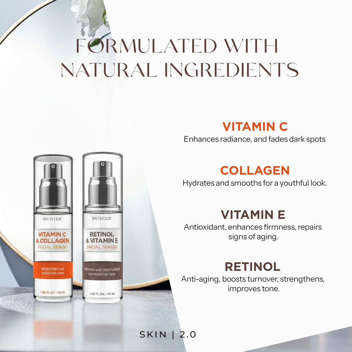 Skin 2.0 Retinol & Vitamin E + Collagen & Vitamin C Serum For Face - Dermatologist Tested, Anti Aging, Korean Skin Care - Smooths Lines, Firms, Hydrates, Revitalizes - Vegan, Clean Beauty - Pack of 2