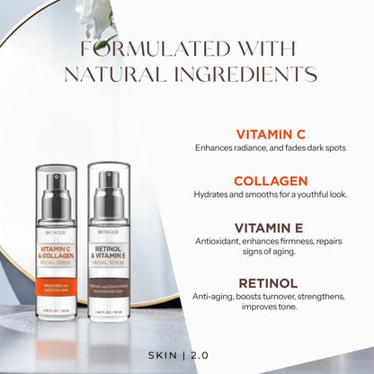 Skin 2.0 Retinol & Vitamin E + Collagen & Vitamin C Serum For Face - Dermatologist Tested, Anti Aging, Korean Skin Care - Smooths Lines, Firms, Hydrates, Revitalizes - Vegan, Clean Beauty - Pack of 2
