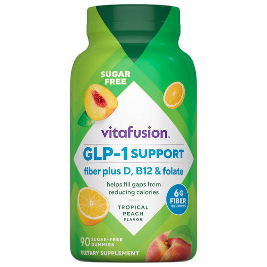 Vitafusion GLP1 Gummy Supplement - 90 Sugar Free Gummies - Vitamin & Mineral Blend with Fiber, D3, B12, and Folate - for Women & Men - Tropical Peach Flavor - Gluten Free Formula