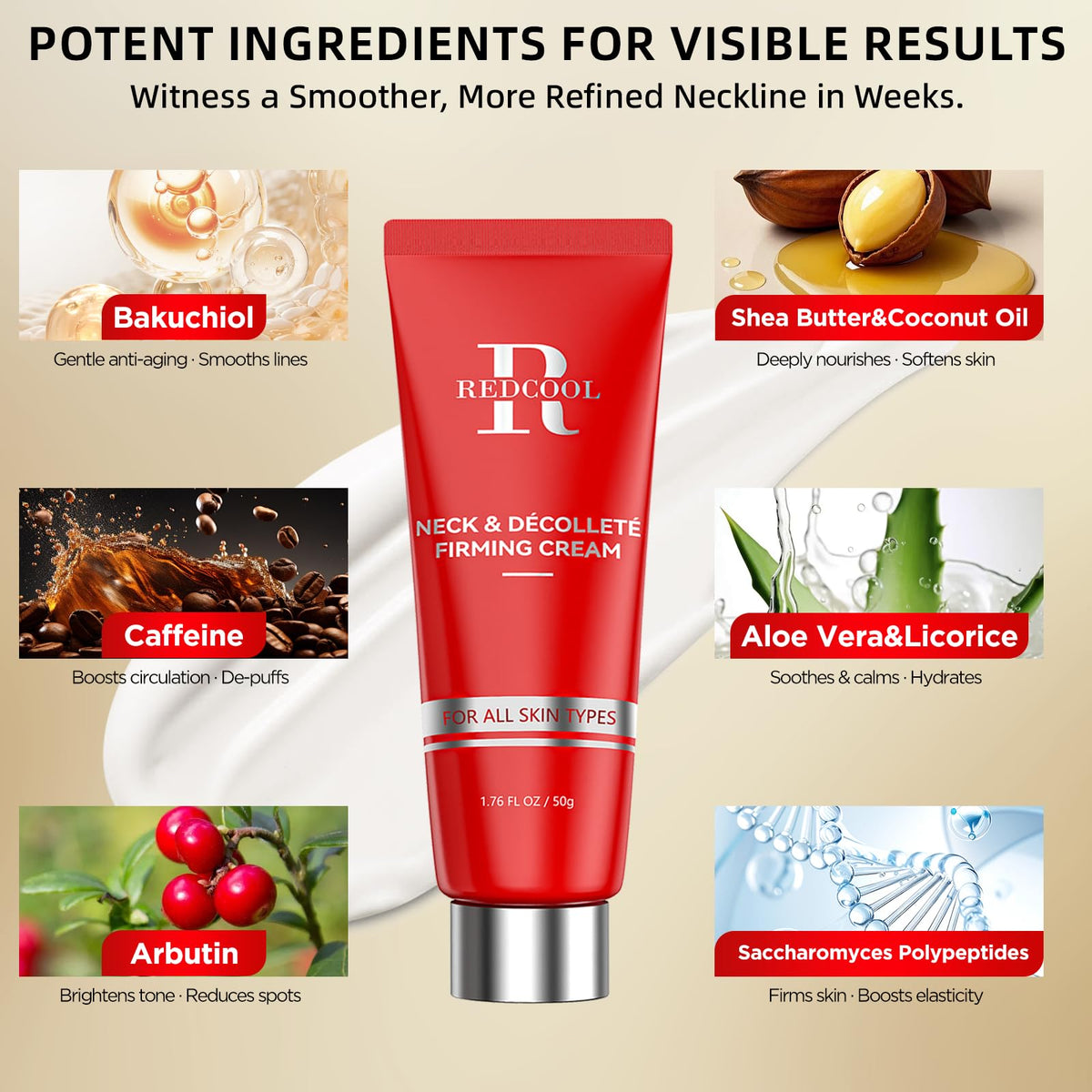 Redcool Retinol Neck Firming Cream - Collagen & Hyaluronic Acid Neck Tightening Anti-Aging Moisturizer 1.76 oz