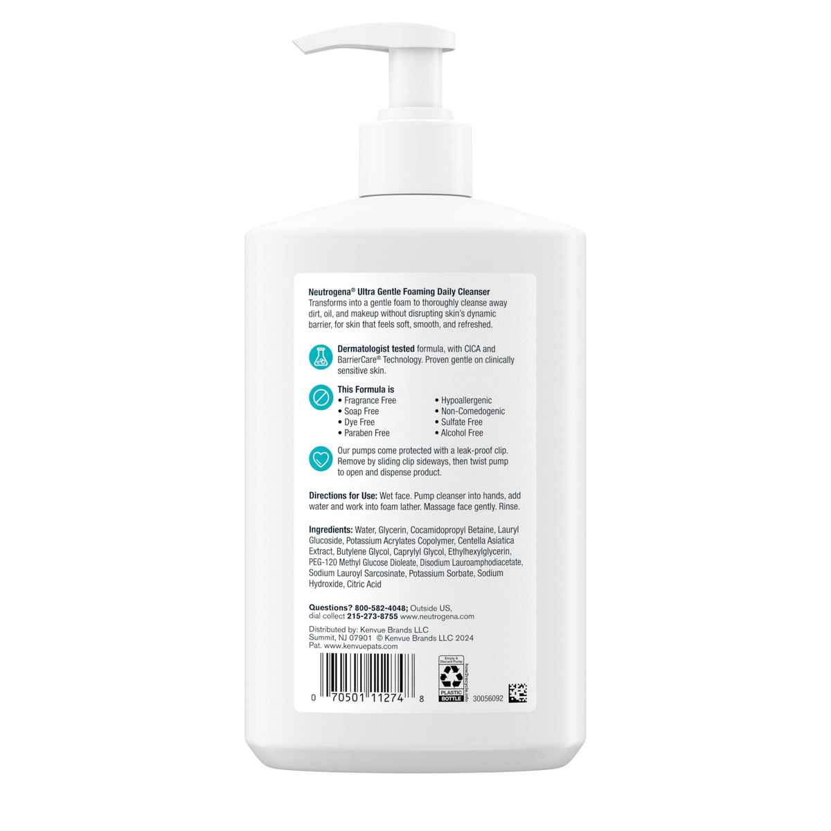 Neutrogena Ultra Gentle Foaming Facial Cleanser, Fragrance Free Hydrating Face Wash for Sensitive Skin, Daily Non Over Drying Makeup Remover, Hypoallergenic, Soap & Dye Free, Non-Comedogenic, 16 Fl Oz