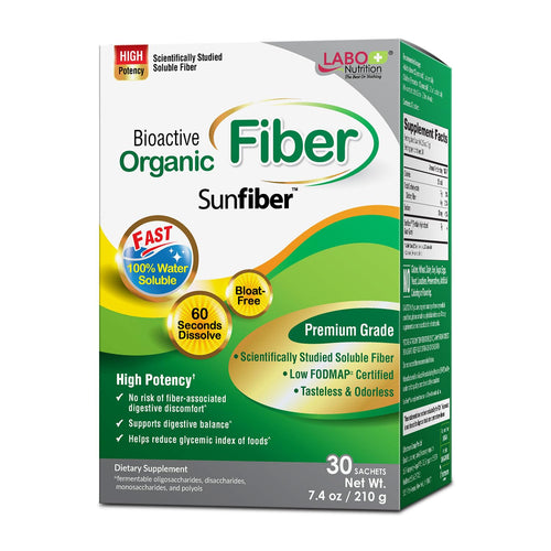 LABO Nutrition Bioactive Organic Fiber - Sunfiber PHGG Soluble Prebiotic Fiber for Digestive Regularity & Gut Health - Partially Hydrolyzed Guar Gum, Low FODMAP, Unflavored, Vegan, Non-GMO, 30 Sachets