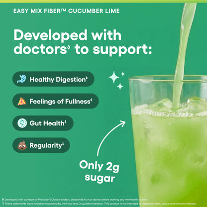 Physician's CHOICE Easy Mix Fiber for GLP-1 Support - No Grit - Daily Prebiotic Soluble Fiber Powder Supplement for Women and Men - Cucumber Lime - 30 Servings