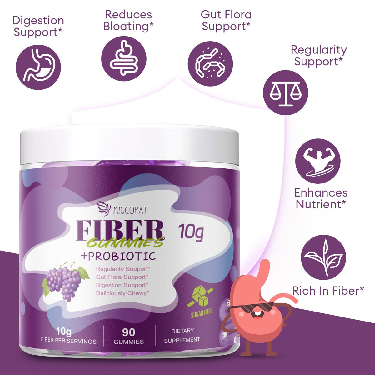 Migcopat 10G Fiber Gummies with 30 Billion CFU Probiotics, Grape Flavor, Bloating Support, Fiber Supplement with Vitamin C, ACV, Inulin, Sugar Free, 180 Count