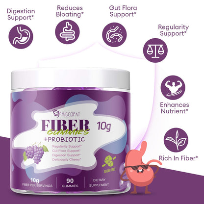 Migcopat 10G Fiber Gummies with 30 Billion CFU Probiotics, Grape Flavor, Bloating Support, Fiber Supplement with Vitamin C, ACV, Inulin, Sugar Free, 180 Count