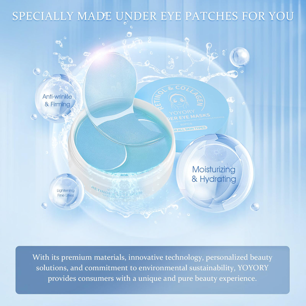 YOYORY Under Eye Patches for Dark Circles & Puffy Eyes - Collagen & Hyaluronic Acid Eye Mask - Anti-Aging & Cooling Treatment (60 Pcs, Blue)