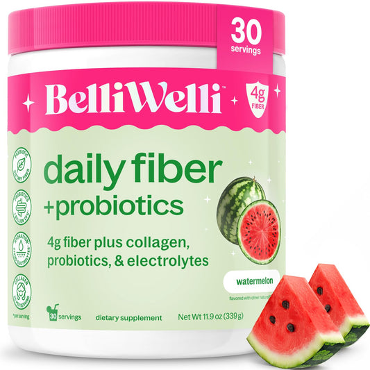 Belli Welli Fiber Supplement for Women & Men - Premium Daily Fiber Powder from Organic Acacia with Added Collagen, Electrolytes & Probiotics - No Bloat, Constipation & Gut Health Support (Watermelon)