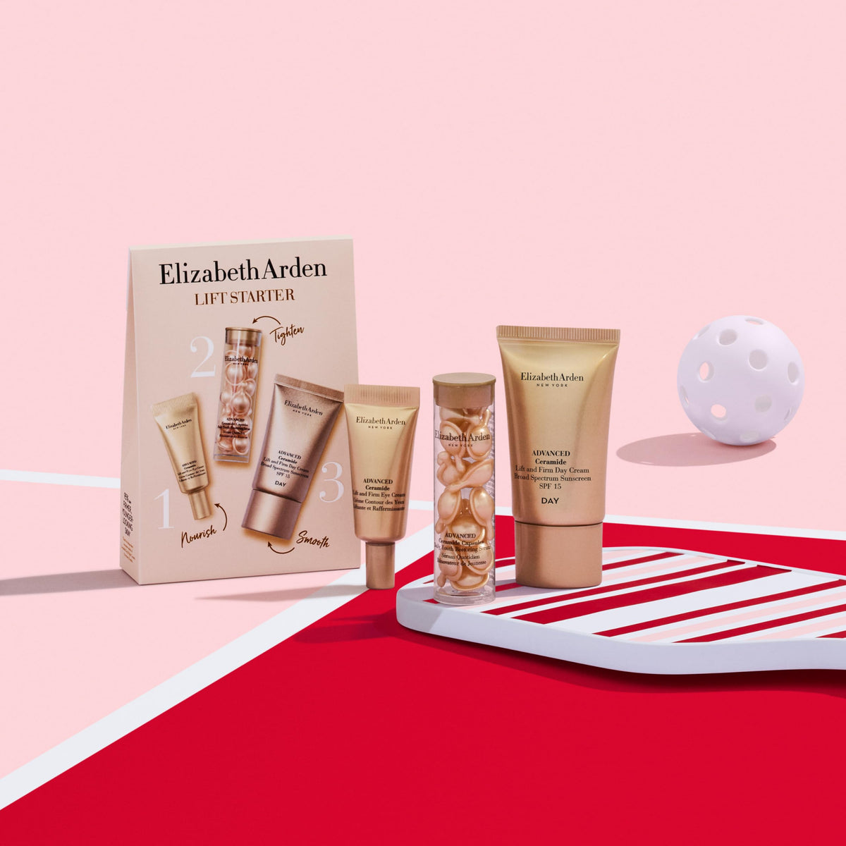 Elizabeth Arden Lift Starter 3-Piece Skincare Gift Set for Women, Includes Mini Travel-Sized Day Cream with Sunscreen 0.5 fl.oz, 14-Piece Serum Capsules & Eye Cream .17 fl.oz, 3 count