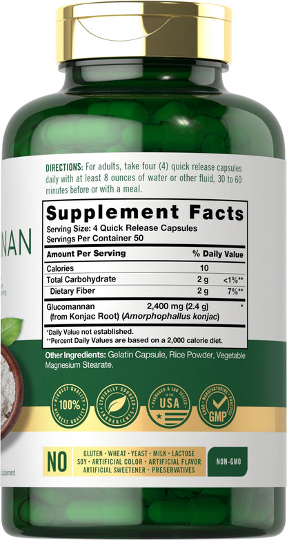 Carlyle Glucomannan Capsules - 200 Count - from Konjac Root - Soluble Fiber Pills - Non-GMO, Gluten Free Supplement