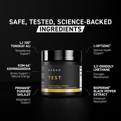 Testosterone Booster Capsules for Men & Women - LJ100 Tongkat Ali, KSM-66 Ashwagandha & Shilajit - Hormone & Performance Support - Kaged Test (60 Servings)