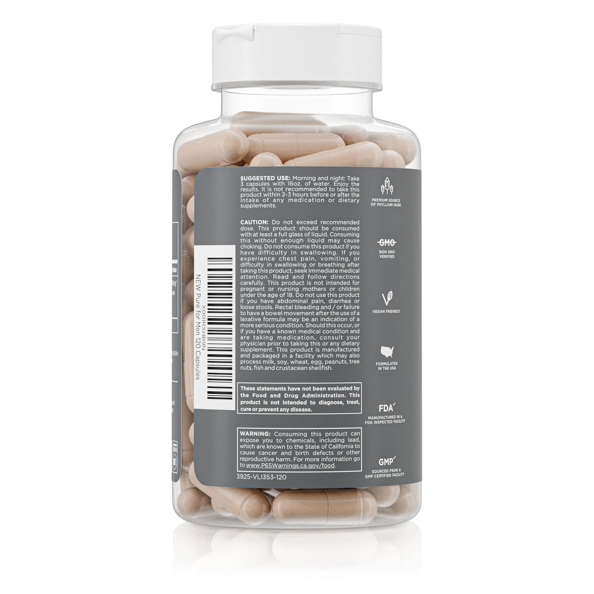 Pure for Men Original Vegan Cleanliness Stay Ready Fiber Supplement - Helps Promote Digestive Regularity - Psyllium Husk, Aloe Vera, Chia Seeds, Flaxseeds - Proprietary Formula - 120 Vegan Capsules