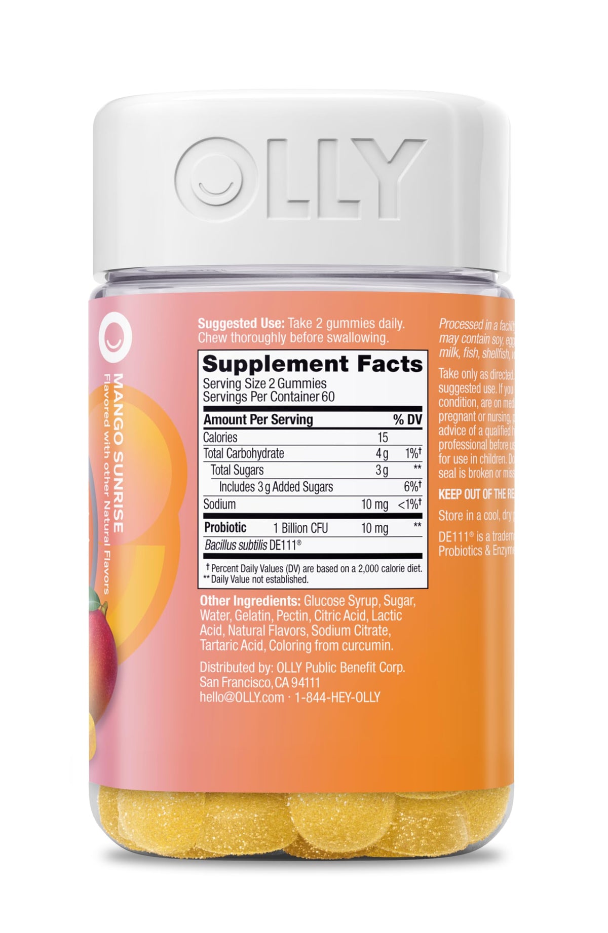 OLLY Probiotic Gummy, Immune and Digestive Support, 1 Billion CFUs, Chewable Probiotic Supplement, Mango, 60 Day Supply - 120 Count