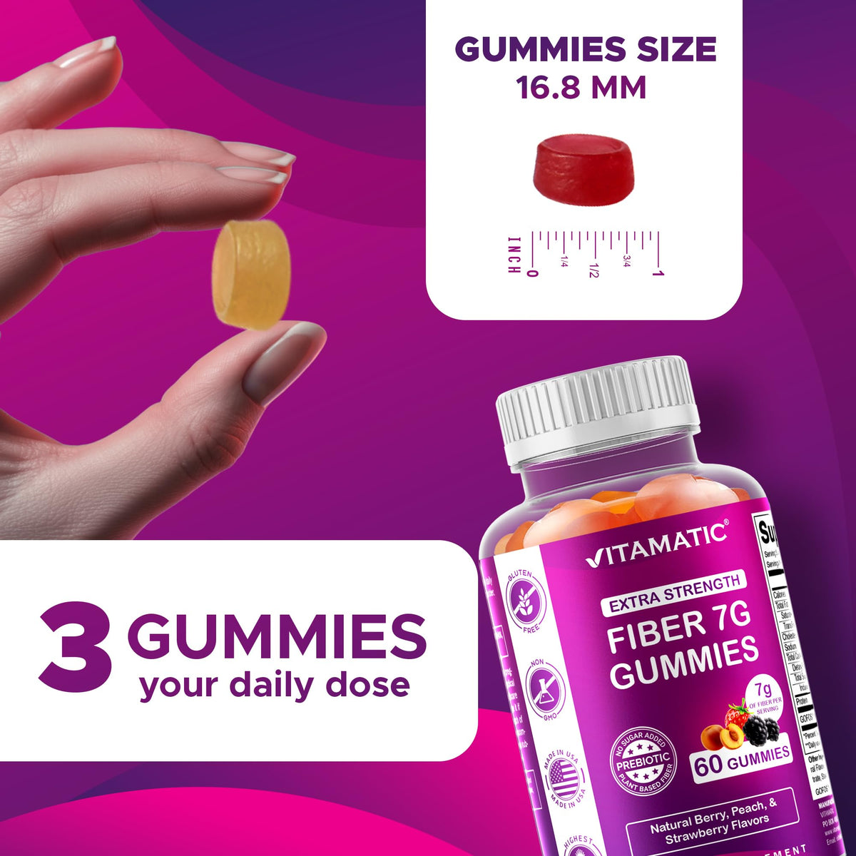 Vitamatic Prebiotic Fiber Gummies for Adults - 2 Pack (Total 120 Gummies) 7g Fiber per Serving - Extra Strength - Zero Sugar Added - Pectin-Based - Digestive Health & Regularity Support