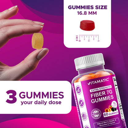 Vitamatic Prebiotic Fiber Gummies for Adults - 2 Pack (Total 120 Gummies) 7g Fiber per Serving - Extra Strength - Zero Sugar Added - Pectin-Based - Digestive Health & Regularity Support