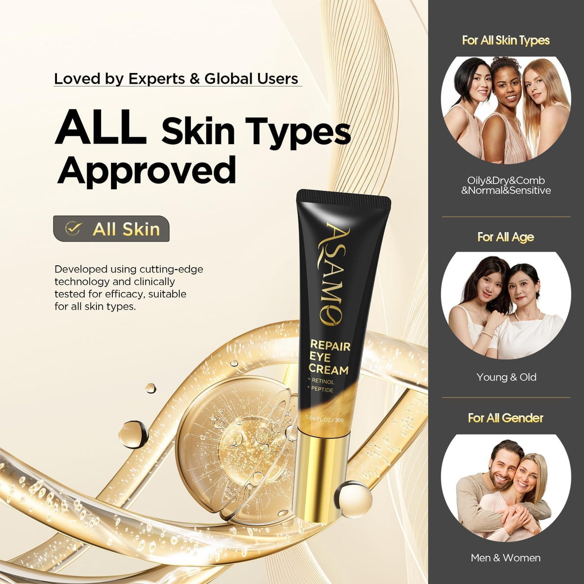 ASAMO Retinol & Peptides Eye Cream (1.06 fl oz) - Advanced Anti-Aging Treatment for Fine Lines, Puffiness & Under-Eye Shadows