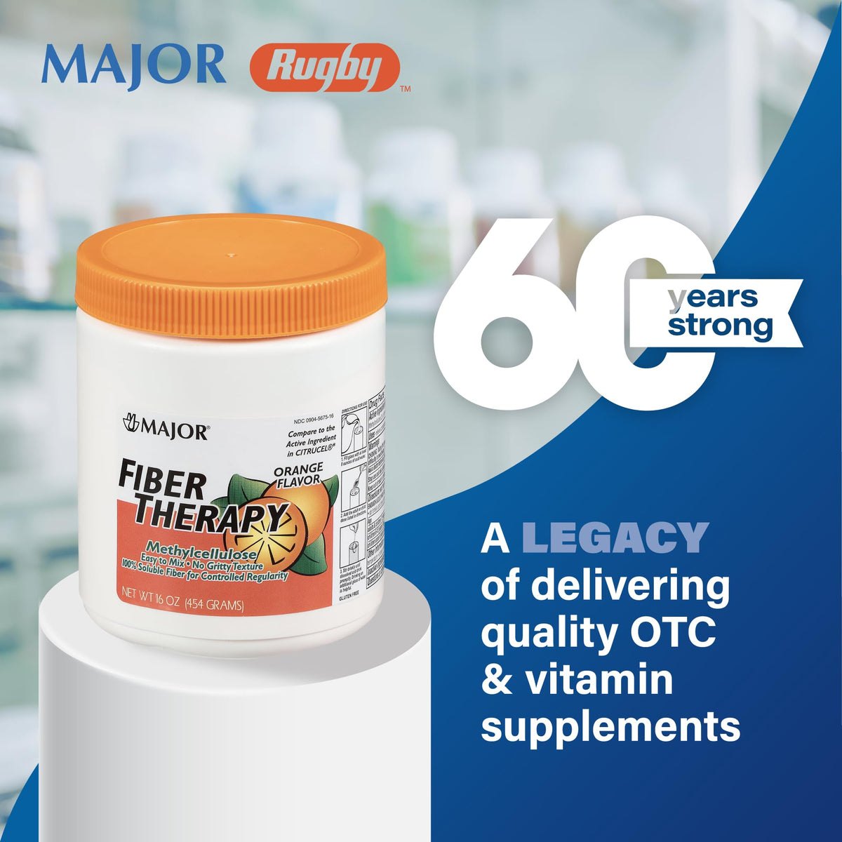 MAJOR Fiber Therapy Methylcellulose Powder - Easy to Mix - No Gritty Texture - Soluble Fiber - Helps Control Regularity - Orange Flavor - 16 Oz (1 Pack)