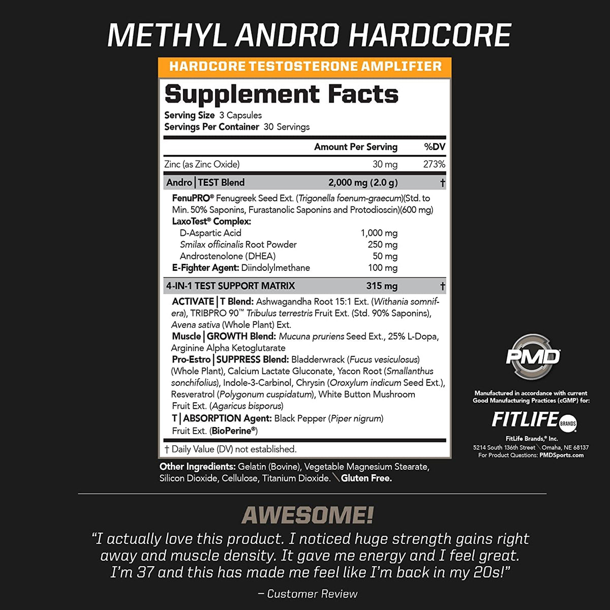 PMD Methyl Andro Hardcore Testosterone Support for Men - Lean Muscle, Strength & Workout Performance Supplement - 90 Capsules