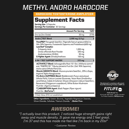 PMD Methyl Andro Hardcore Testosterone Support for Men - Lean Muscle, Strength & Workout Performance Supplement - 90 Capsules