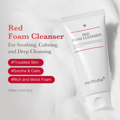 medicube Facial Cleanser Red Foam Cleanser - Daily Gentle Cleansing Foam for Sensitive & Troubled Skin - Deep Cleansing Impurities & Excess Sebum Control - Korean Skincare, 4.23 oz