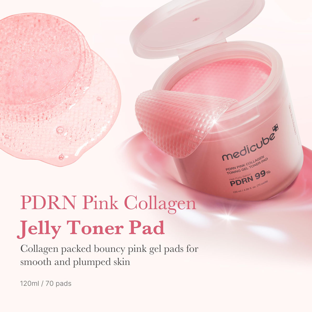 medicube Toner Pads Salmon DNA PDRN Pink Collagen Jelly Pad - Korean Gel Toner Pad - Niacinamide, Madecassoside, Retinol - Soothing, Radiance, Uneven Skin Tone - Korean Skin Care - 70 Pads (1 Pack)