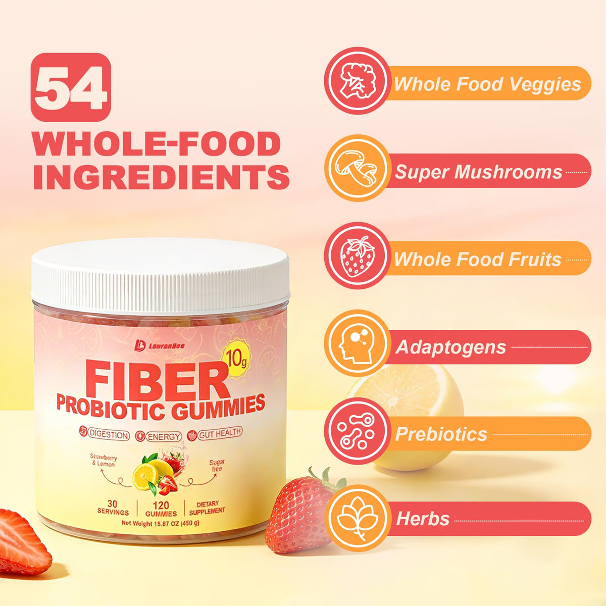 10g Fiber Gummies for Adults with Probiotics, Sugar Free Fiber Supplement with Organic Super Greens & Digestive Enzymes, Supports Gut Health, Energy & Regularity, Vegan, 120 Count