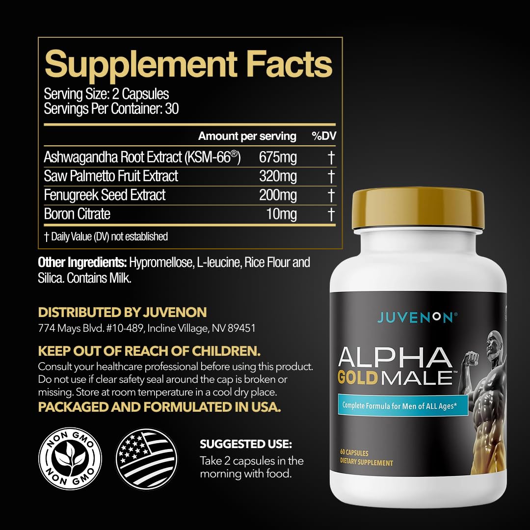 Testosterone Booster for Men - KSM-66 Ashwagandha, Fenugreek & Boron - Energy, Vitality & Male Performance Support - Juvenon Alpha Gold
