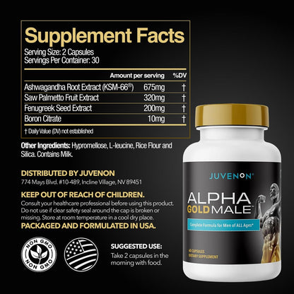 Testosterone Booster for Men - KSM-66 Ashwagandha, Fenugreek & Boron - Energy, Vitality & Male Performance Support - Juvenon Alpha Gold
