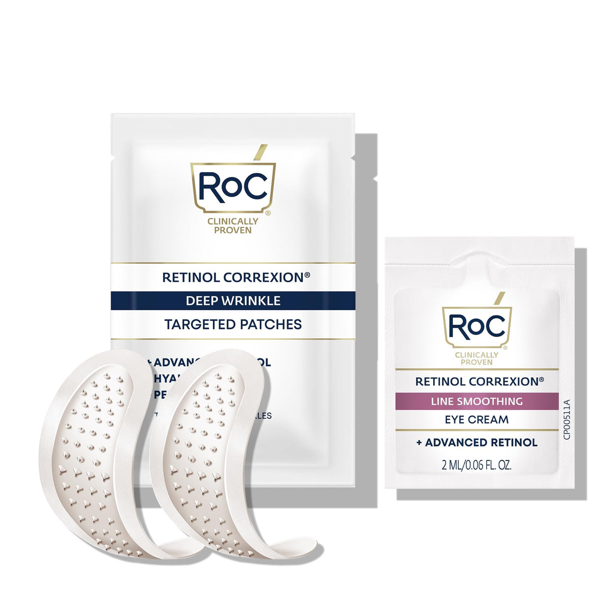 RoC Retinol Correxion Deep Wrinkle Non-Invasive Targeted Patches with Hyaluronic Acid + Firming Peptides for Forehead, 11 Lines, Crow’s Feet and Laugh Lines, (6 Patches) with Retinol Eye Packette