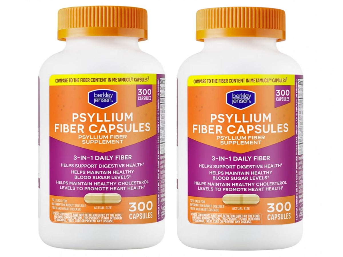 berkley jensen Daily Psyllium Husk Supplement, Natural Fiber for Men & Women - Fiber Capsules for Overall Digestive Health, Easing Constipation, Made in USA - 300 Count (Pack of 2)