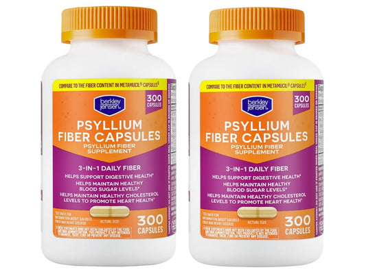 berkley jensen Daily Psyllium Husk Supplement, Natural Fiber for Men & Women - Fiber Capsules for Overall Digestive Health, Easing Constipation, Made in USA - 300 Count (Pack of 2)