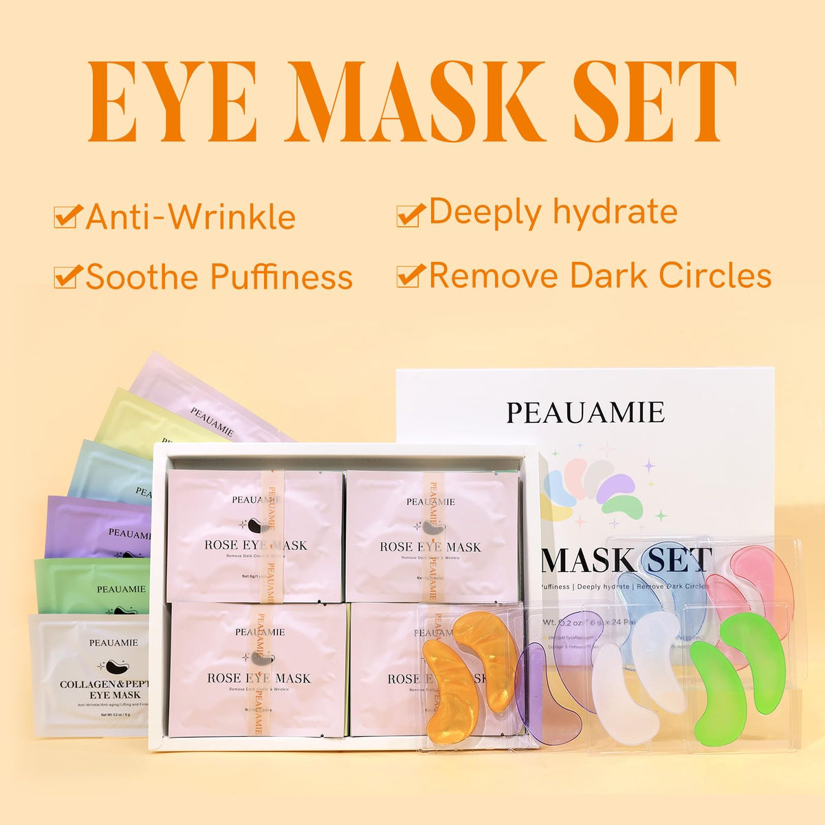 PEAUAMIE Collagen & Hyaluronic Acid Under Eye Patches (24 Pairs) - Intensive Plumping Eye Mask for Wrinkles, Dark Circles & Dehydrated Skin