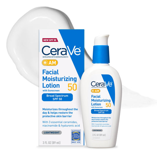 CeraVe AM Facial Moisturizing Lotion SPF 50, Face Moisturizer with SPF, Hyaluronic Acid, Niacinamide & Ceramides, Non-Greasy, Blends Seamlessly With No White Cast, Non Comedogenic Sunscreen, 3 Oz