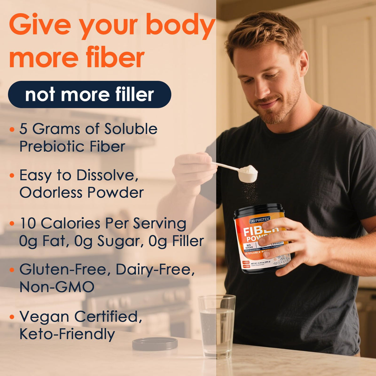 DRFOSTER Prebiotic Fiber Powder Unflavored - Soluble Fiber Supplement with Acacia Fiber & Inulin Powder for Digestive Health and Regularity - 5g Per Scoop, 70 Servings - Gluten & Sugar Free, Vegan