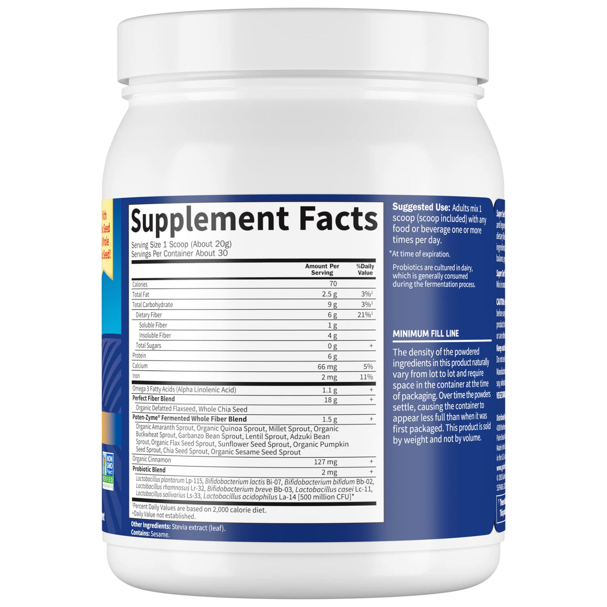 Garden of Life Super Seed Unflavored Fiber Powder, Whole Food Fiber Dietary Supplement with Protein and Omega 3, Vegetarian, 600g Powder