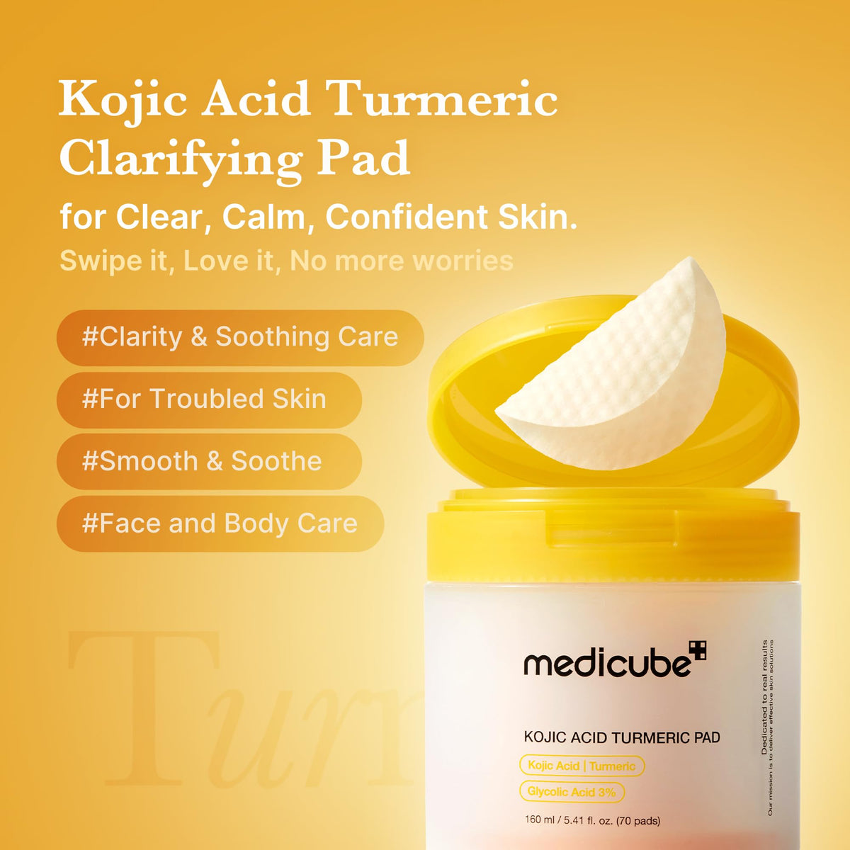 medicube Toner Pads Kojic Acid Turmeric Clarifying Toner Pad for Troubled Skin & Use After Spot Care, Soothing with Kojic Acid, Turmeric, Niacinamide, Glycolic Acid, Korean Skin Care, 70 Pads (1 Pack)
