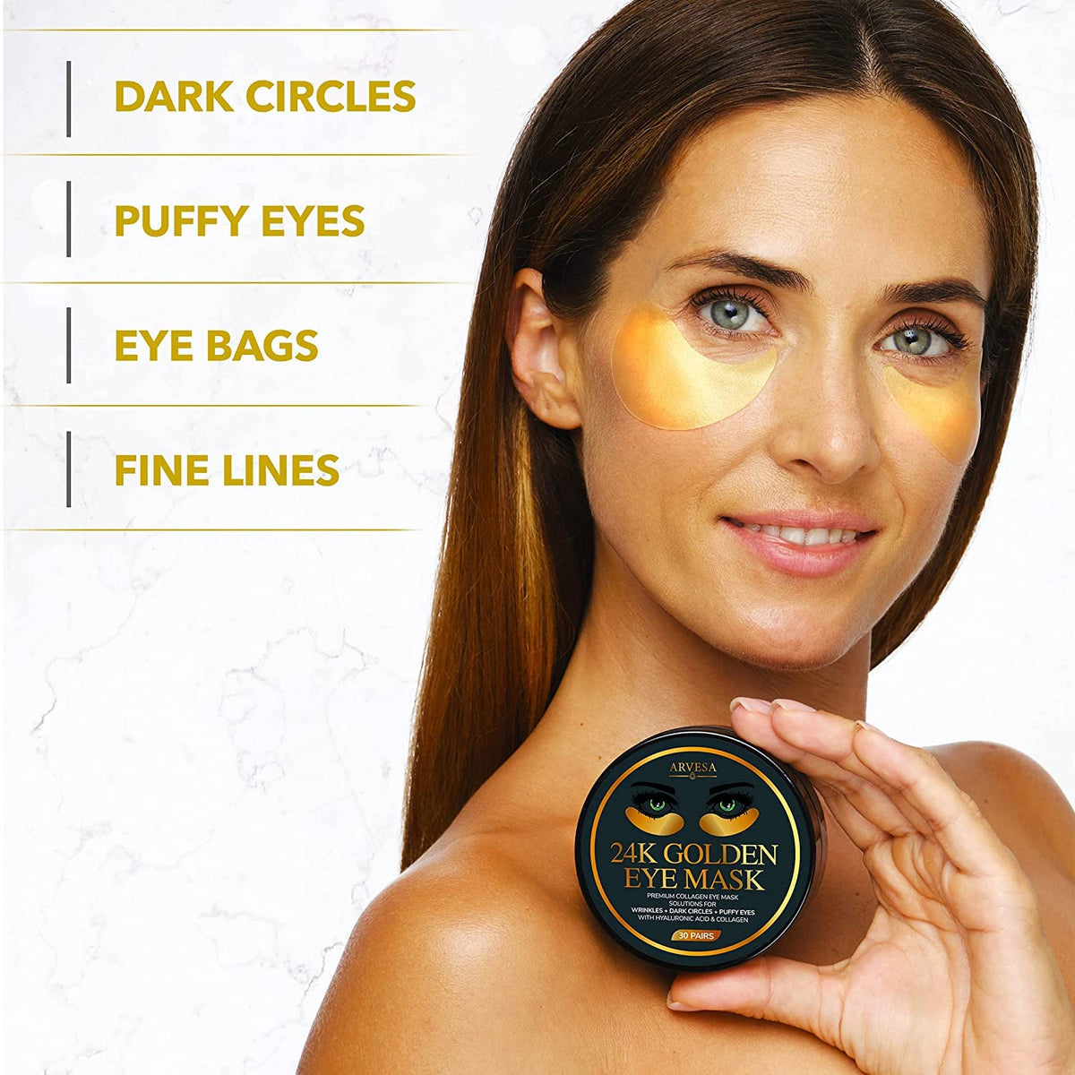 Arvesa 24K Gold Under Eye Mask Patches - Dark Circles, Puffiness & Wrinkle Treatment (30 Pairs)
